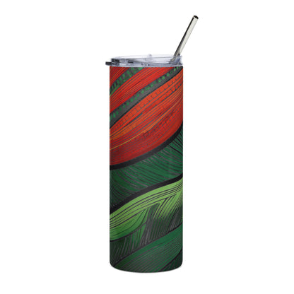 LuckeLadybug African steel tumbler with red and green leaf patterns and stainless steel straw