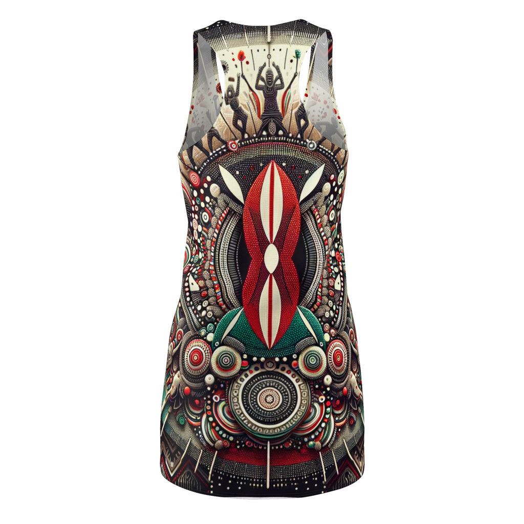 african style racerback dress with vibrant geometric and tribal patterns in red black and green