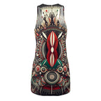 african style racerback dress with vibrant geometric and tribal patterns in red black and green