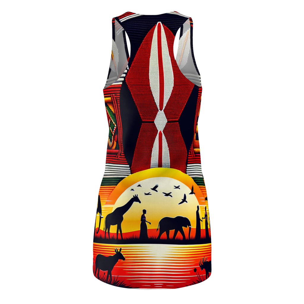 African style racerback dress featuring vibrant sunset and wildlife silhouettes design