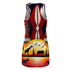 African style racerback dress featuring vibrant sunset and wildlife silhouettes design