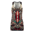  african style racerback dress featuring intricate tribal patterns and bold red and green shield design