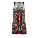  african style racerback dress featuring intricate tribal patterns and bold red and green shield design