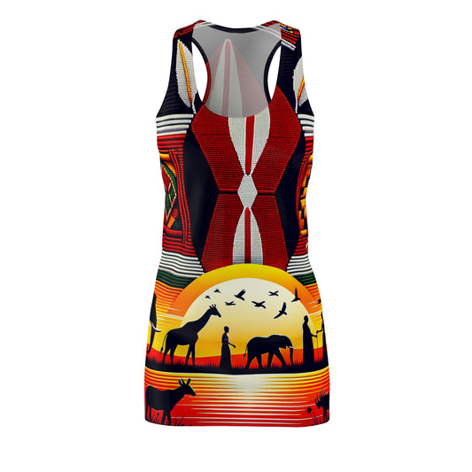 African style racerback dress with vibrant sunset and wildlife silhouette design