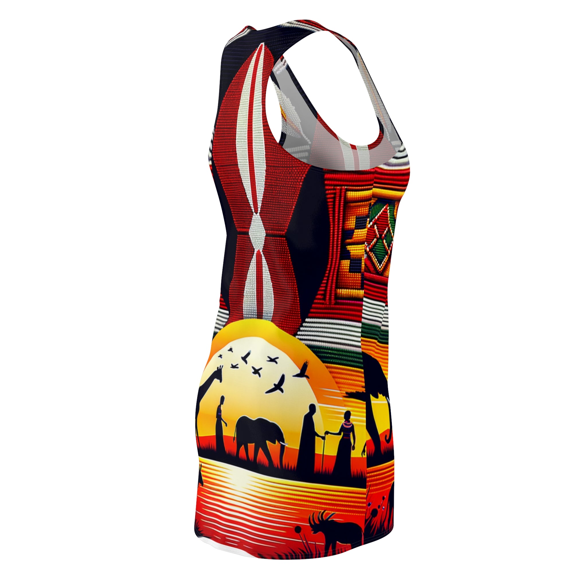 African style racerback dress featuring vibrant sunset and wildlife design