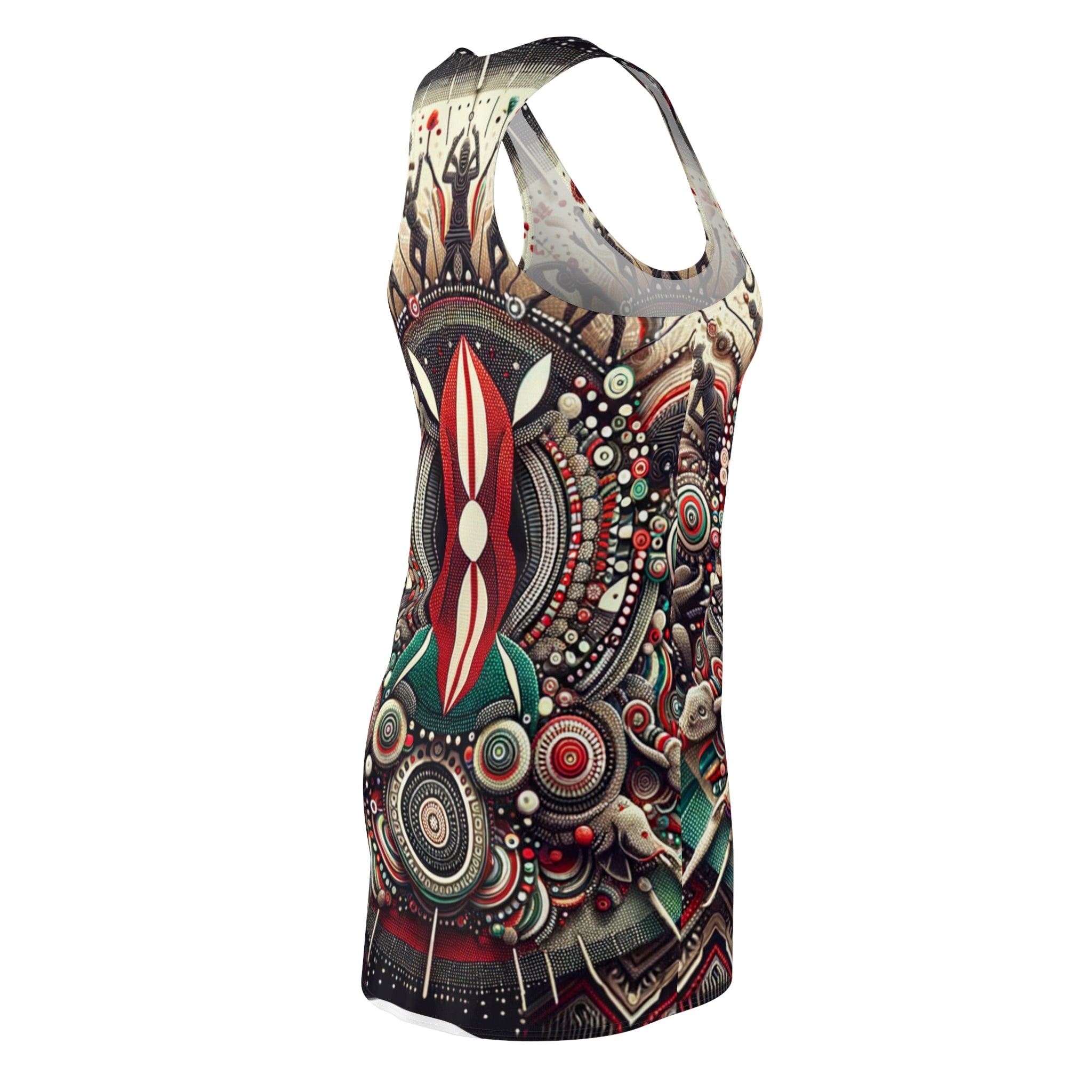 african style racerback dress with vibrant traditional tribal patterns and sleeveless design