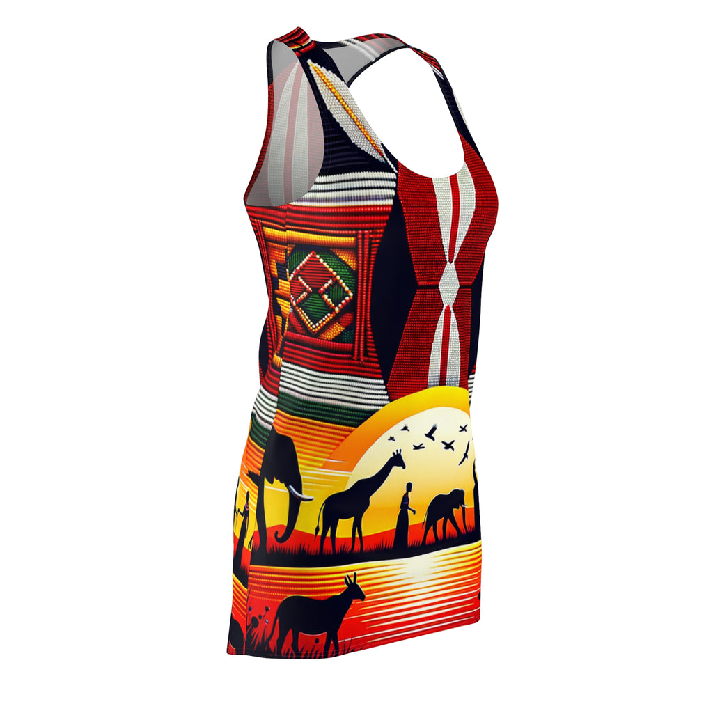 African style racerback dress with vibrant wildlife and tribal sunset patterns