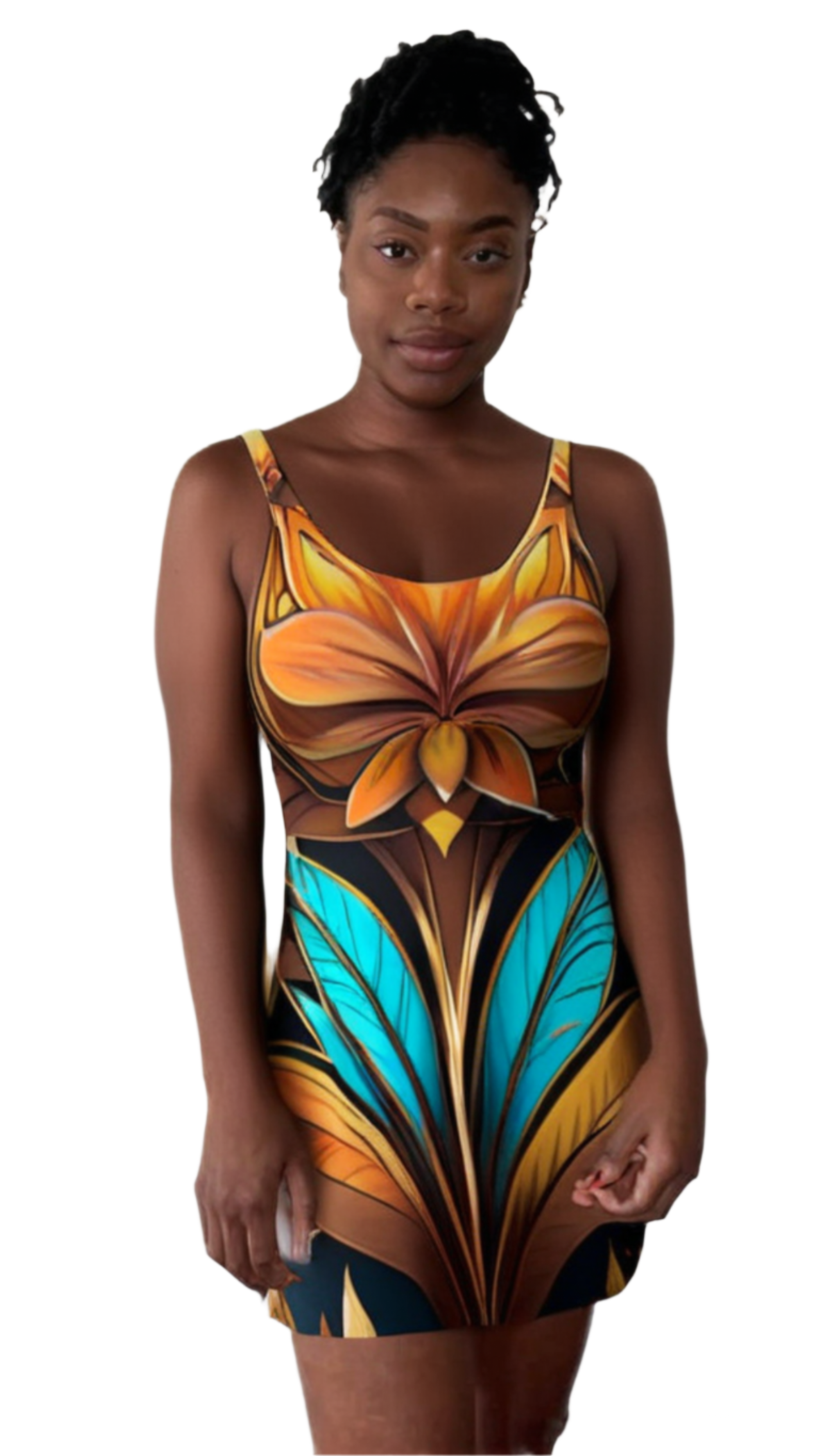 Ancient vibes flare dress for women with vibrant orange and teal floral pattern by luckeladybug