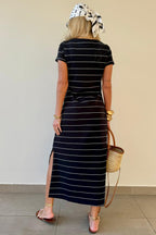 Black and white striped T-Shirt and maxi dress from LuckeLadybug LLC for a stylish casual look