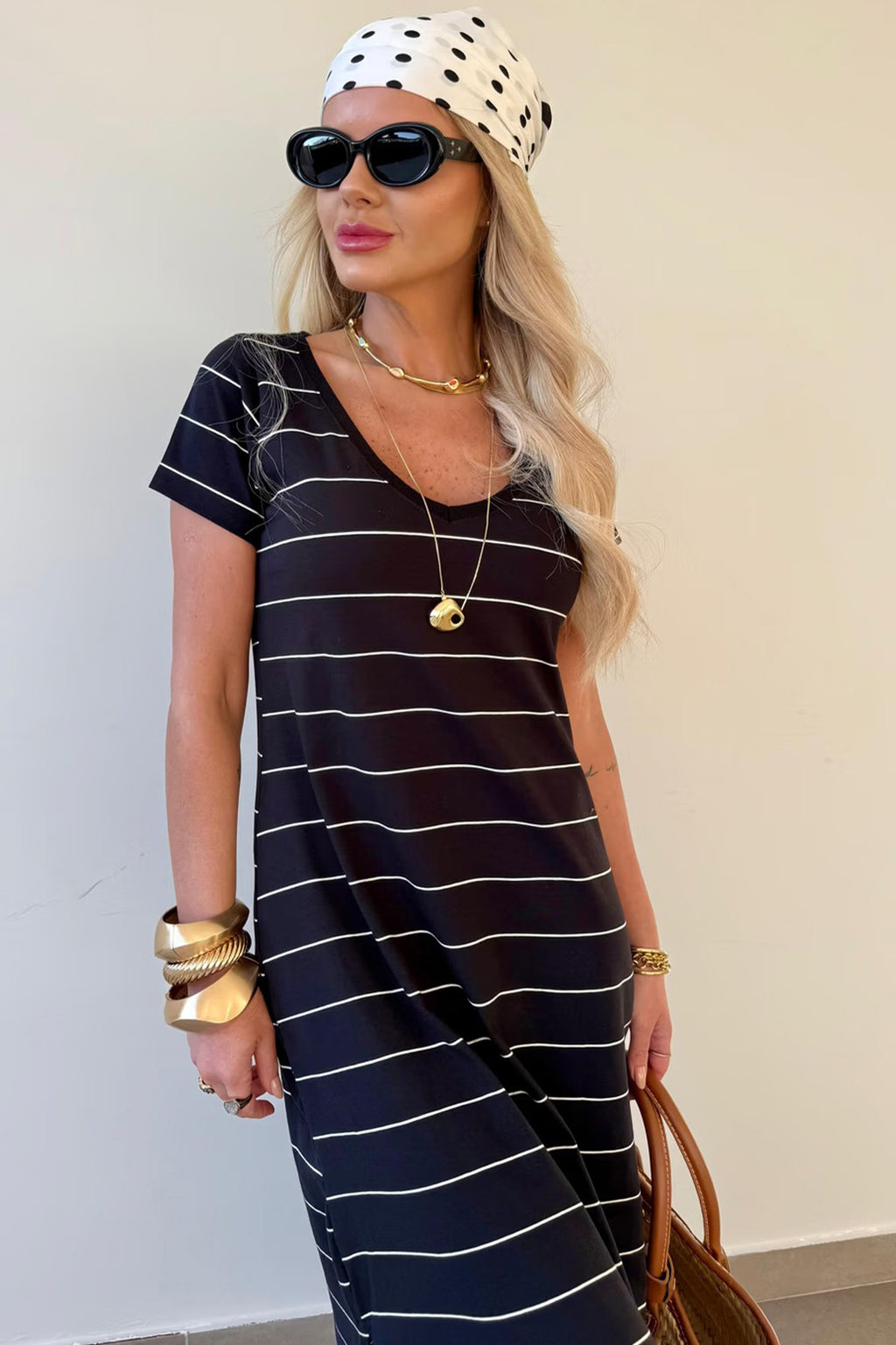 LuckeLadybug LLC Women's T-Shirt and maxi dress in black with white stripes, perfect for casual outings