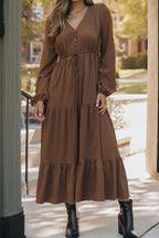 LuckeLadybug LLC Fit & Flare brown maxi dress with buttons and tiered ruffles for a stylish look.
