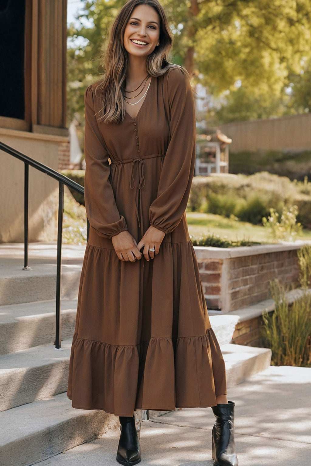 Chic brown fit and flare maxi dress by LuckeLadybug LLC with tiered hem and a flattering silhouette