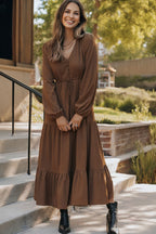Chic brown fit and flare maxi dress by LuckeLadybug LLC with tiered hem and a flattering silhouette