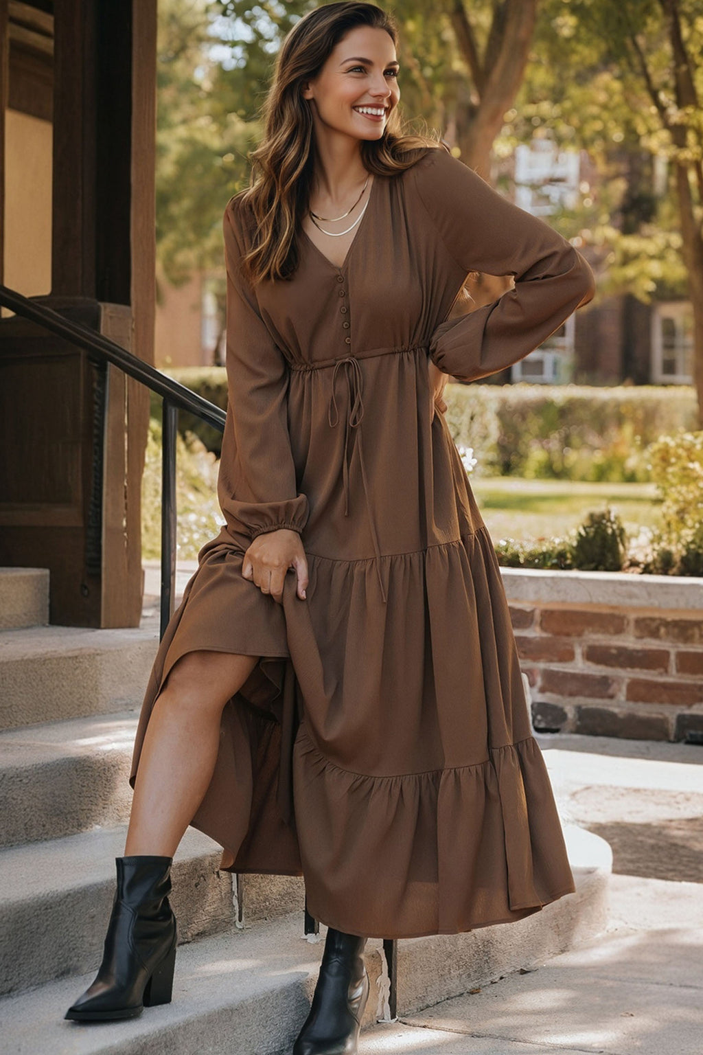 LuckeLadybug LLC Fit & Flare brown and maxi dress with a drawstring waist and long sleeves