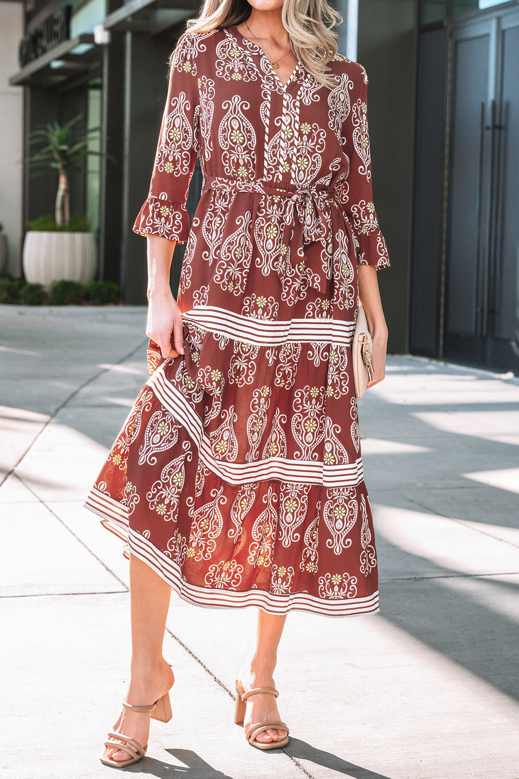 LuckeLadybug LLC Fit & Flare Maxi Dress in Brown with Floral Pattern and Button Details