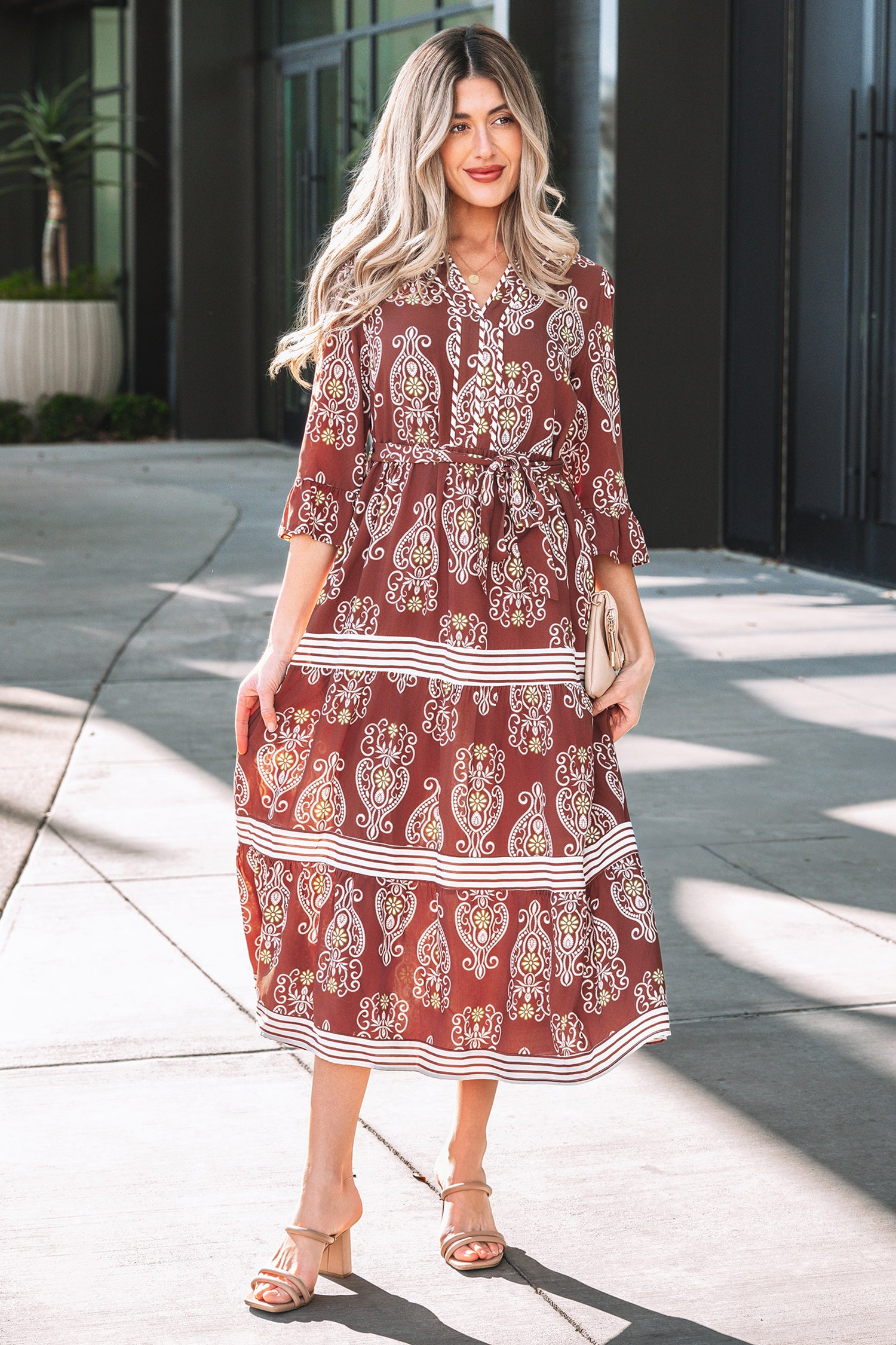 LuckeLadybug LLC Fit & Flare dress in maroon with paisley print, perfect casual wear and maxi dress.
