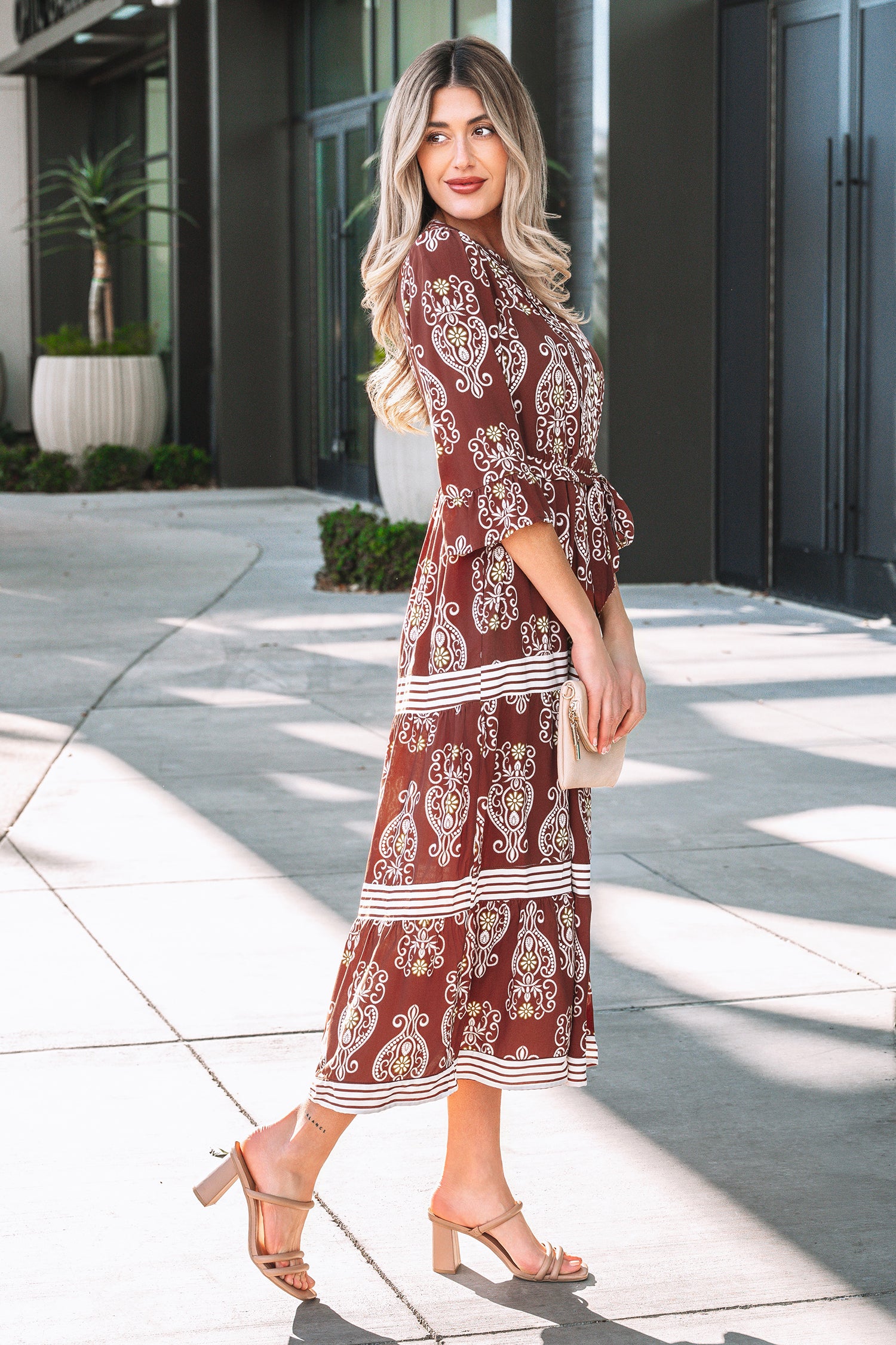Beautiful LuckeLadybug Fit & Flare dress in brown with floral patterns and maxi dress style for elegant occasions