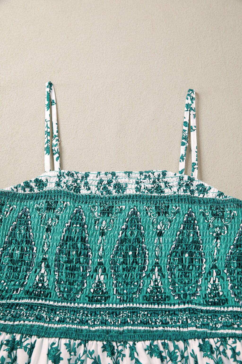 LuckeLadybug Fit & Flare green and white maxi dress featuring intricate floral embroidery