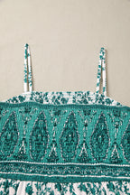 LuckeLadybug Fit & Flare green and white maxi dress featuring intricate floral embroidery