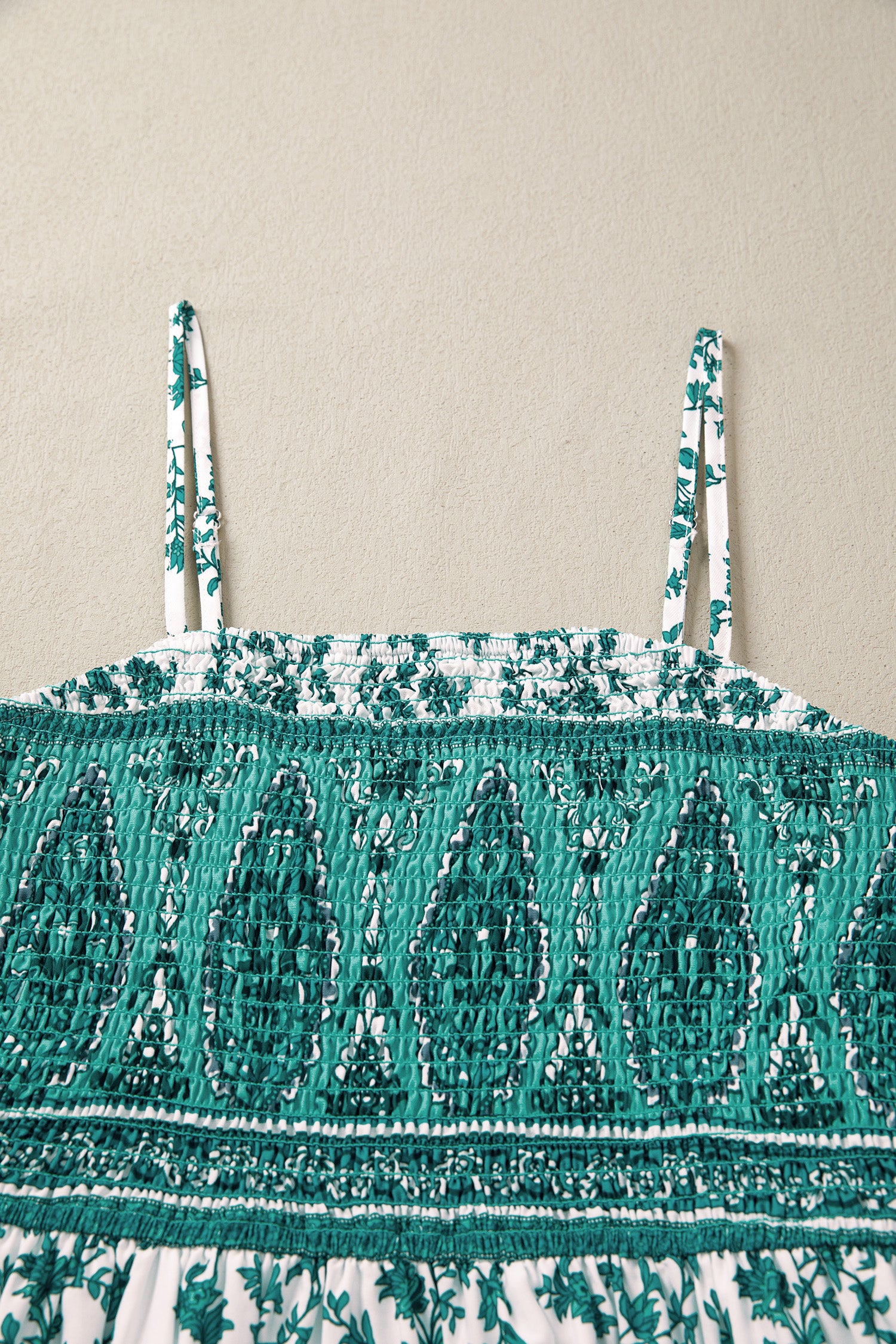 LuckeLadybug Fit & Flare green and white maxi dress featuring intricate floral embroidery
