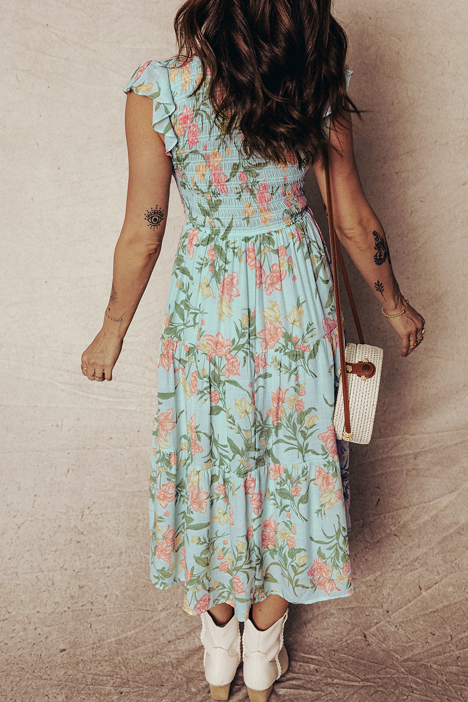 LuckeLadybug LLC Floral Fit & Flare and maxi dress with ruffled sleeves and tiered skirt