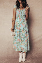 LuckeLadybug LLC Fit & Flare Floral Maxi Dress in Light Blue with Ruffle Sleeves