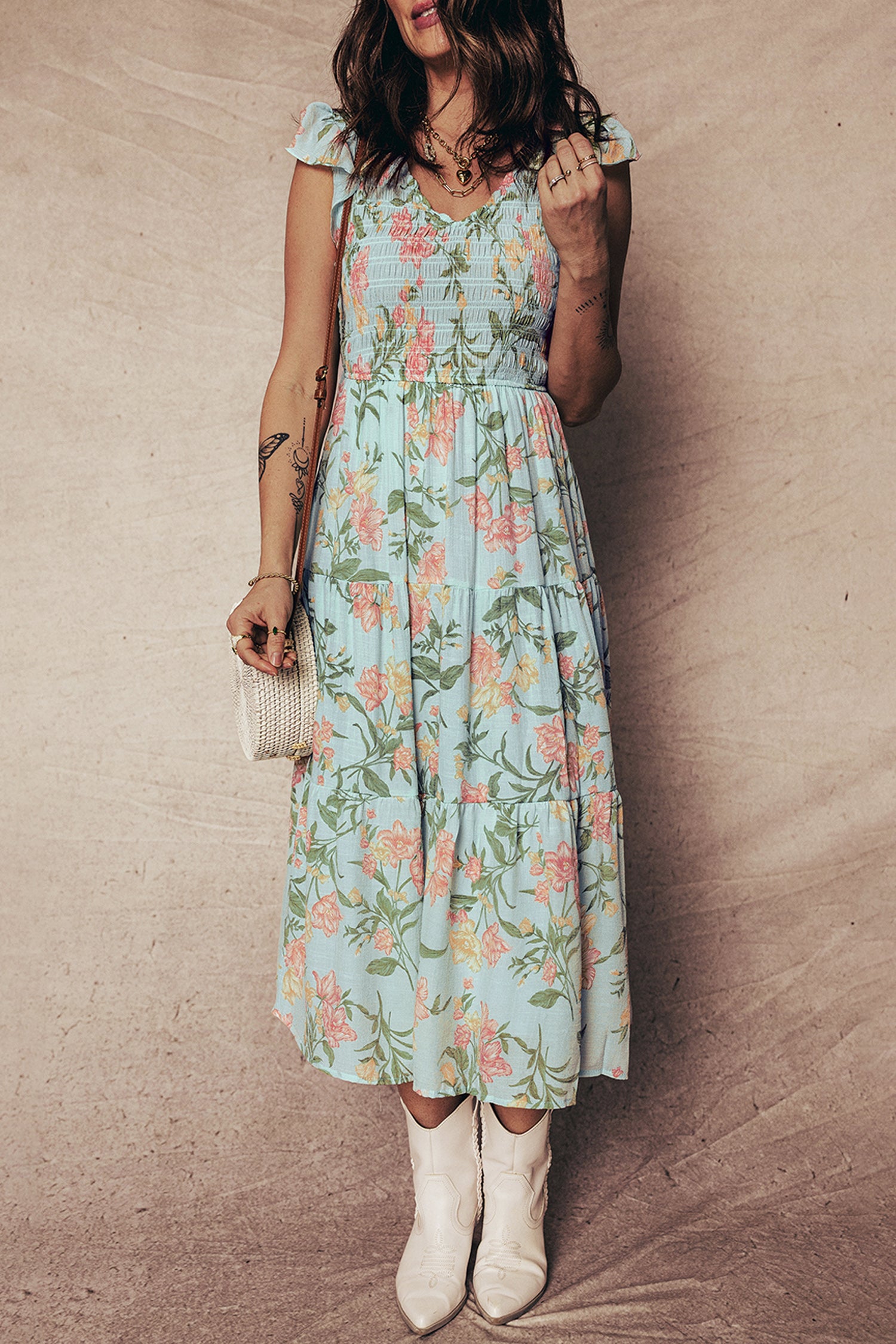 LuckeLadybug LLC Fit & Flare Floral Maxi Dress in Light Blue with Ruffle Sleeves