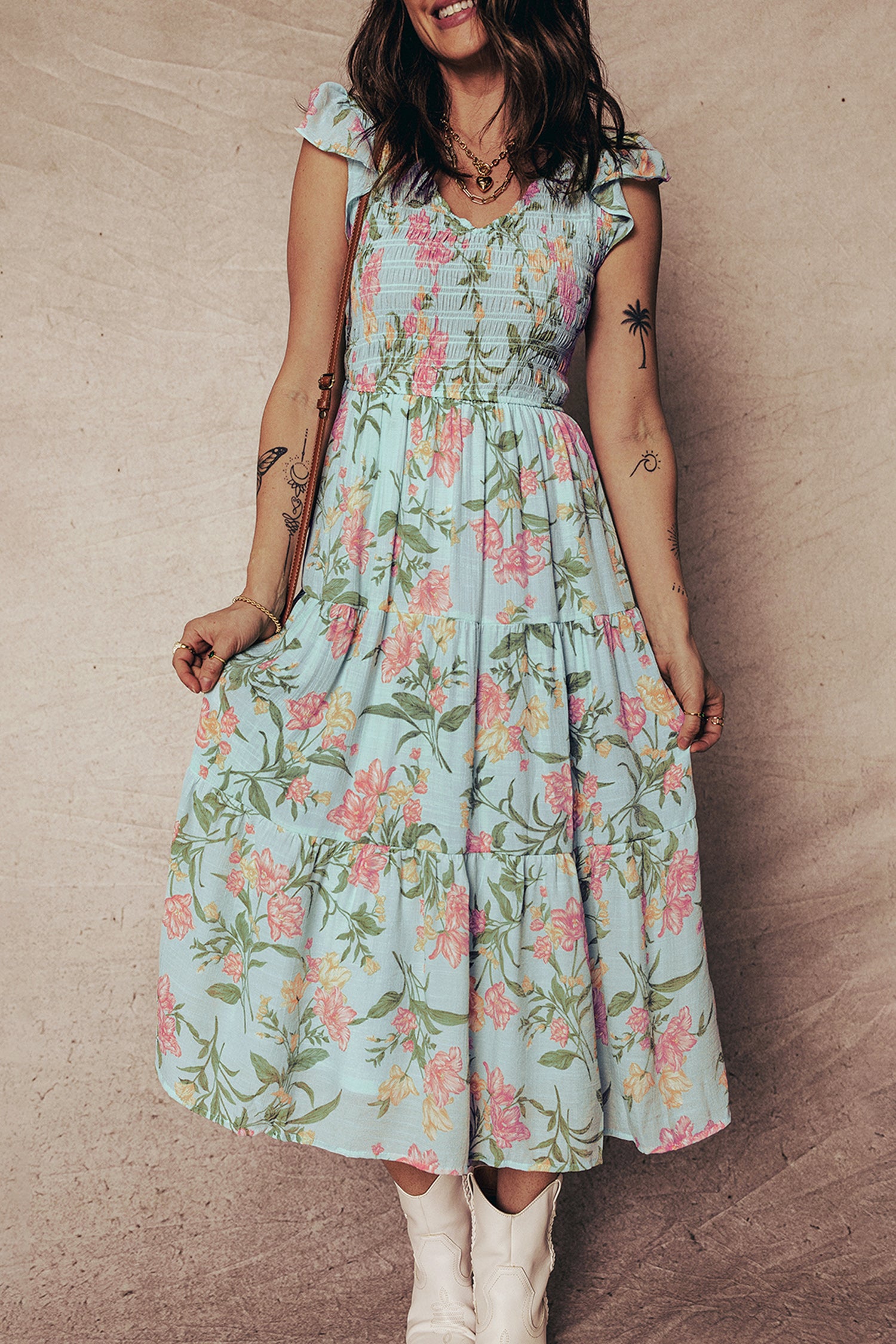 LuckeLadybug LLC Fit & Flare floral and maxi dress with ruffled sleeves and a flattering silhouette