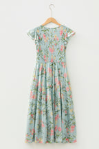 LuckeLadybug LLC Fit & Flare Floral Maxi Dress in Blue with Cap Sleeves and Flowy Skirt
