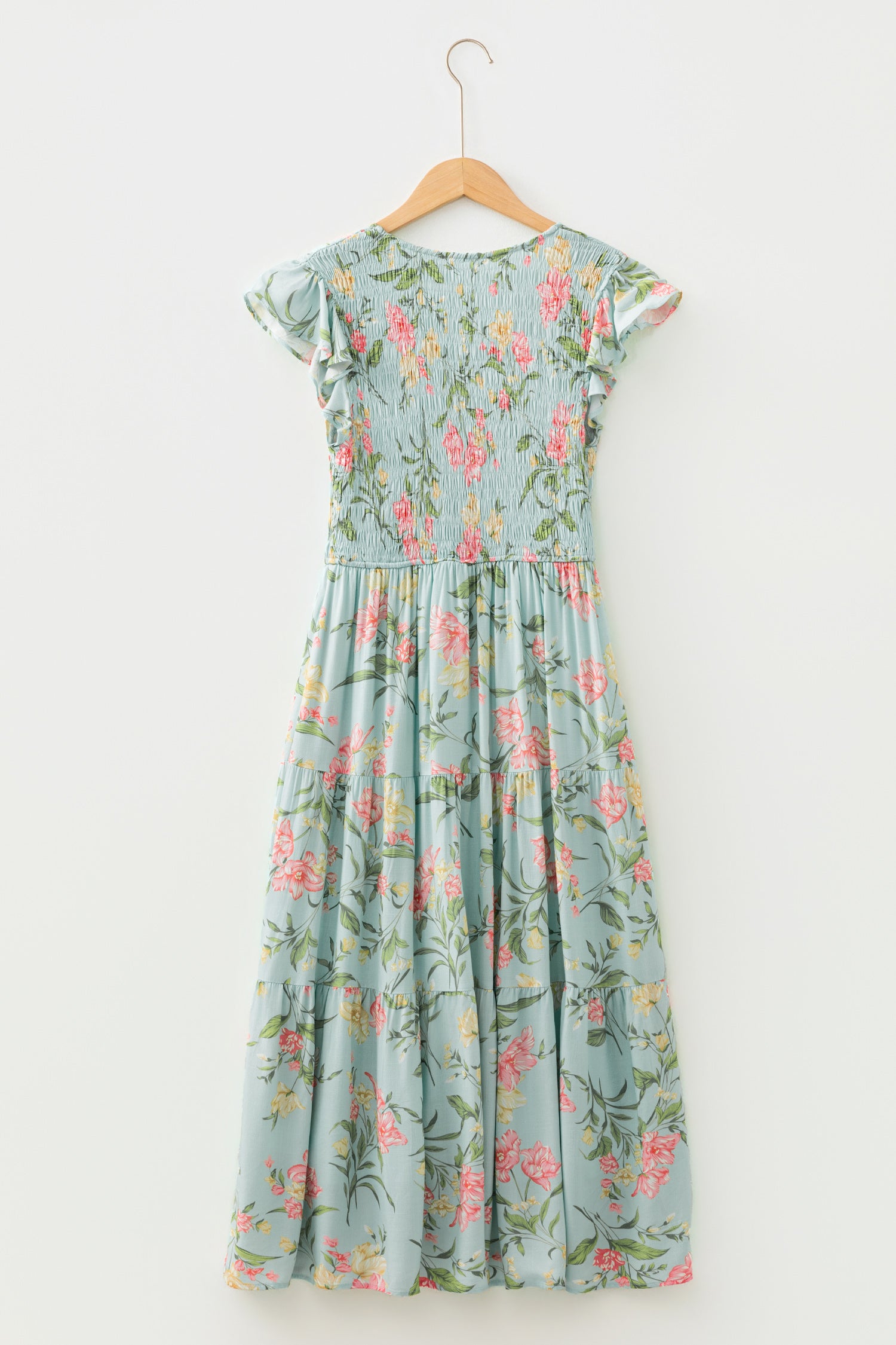 LuckeLadybug LLC Fit & Flare Floral Maxi Dress in Blue with Cap Sleeves and Flowy Skirt