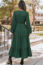 LuckeLadybug LLC Fit & Flare green maxi dress featuring long sleeves and tiered skirt