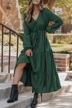 Elegant green fit & flare and maxi dress with a tiered design and tie waist detail