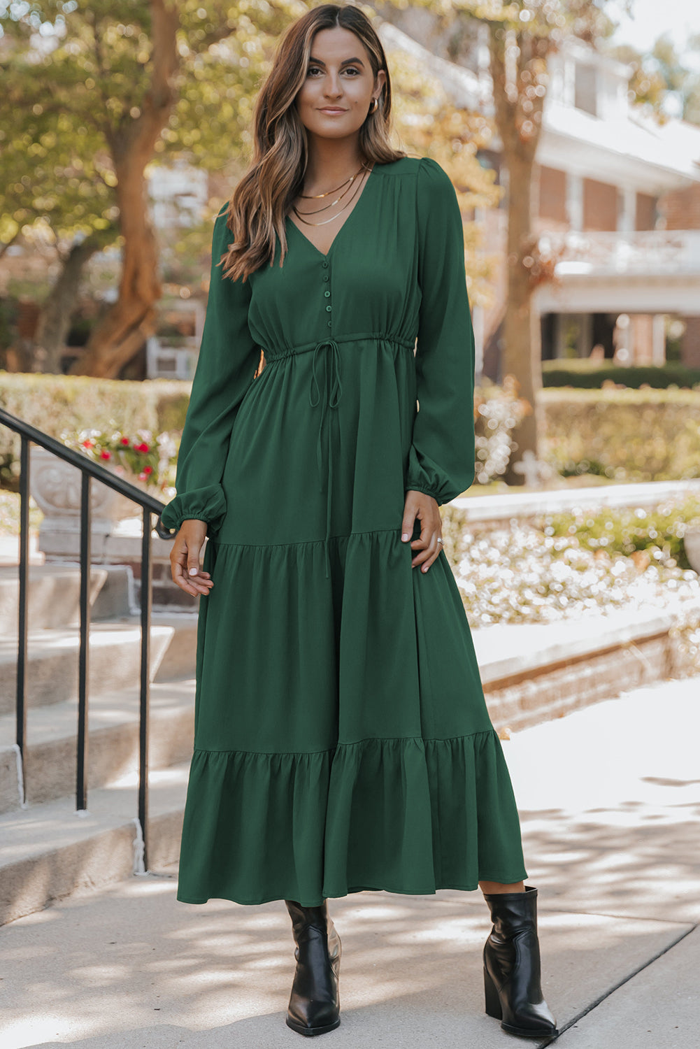 LuckeLadybug Fit & Flare dark green maxi dress with long sleeves and tiered design