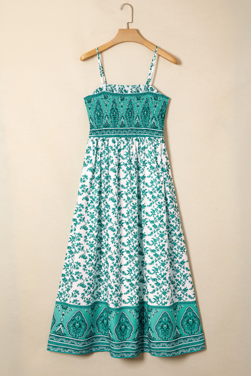 LuckeLadybug LLC Fit & Flare turquoise floral dress with spaghetti straps and maxi dress