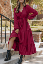 LuckeLadybug LLC Fit & Flare burgundy dress with a tie waist and tiered maxi dress design
