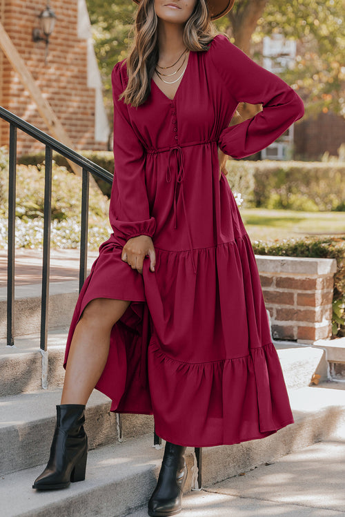 LuckeLadybug LLC Fit & Flare burgundy dress with a tie waist and tiered maxi dress design