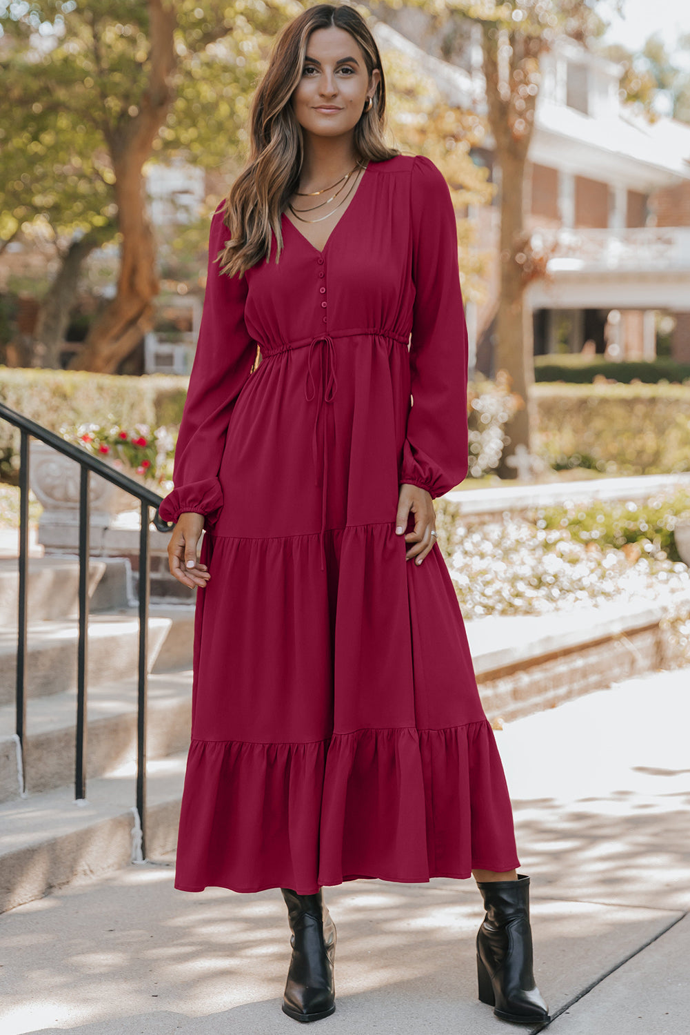 LuckeLadybug LLC Fit & Flare burgundy and maxi dress with button details and a stylish tiered design