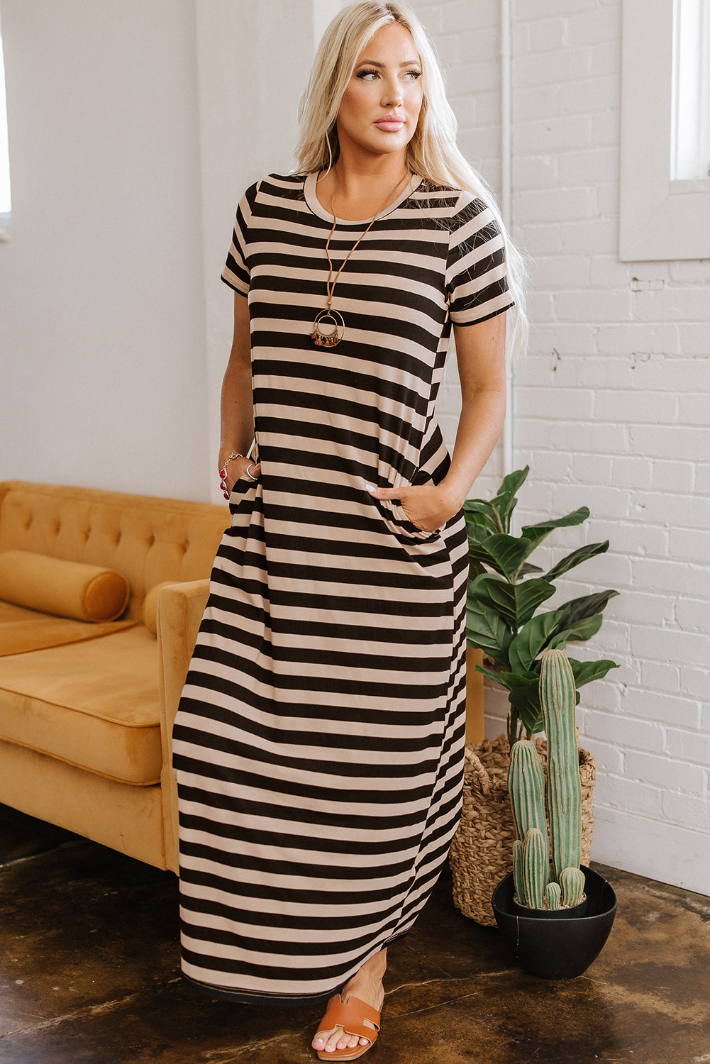 LuckeLadybug LLC Striped T-Shirt and maxi dress with short sleeves and pockets, perfect for casual wear