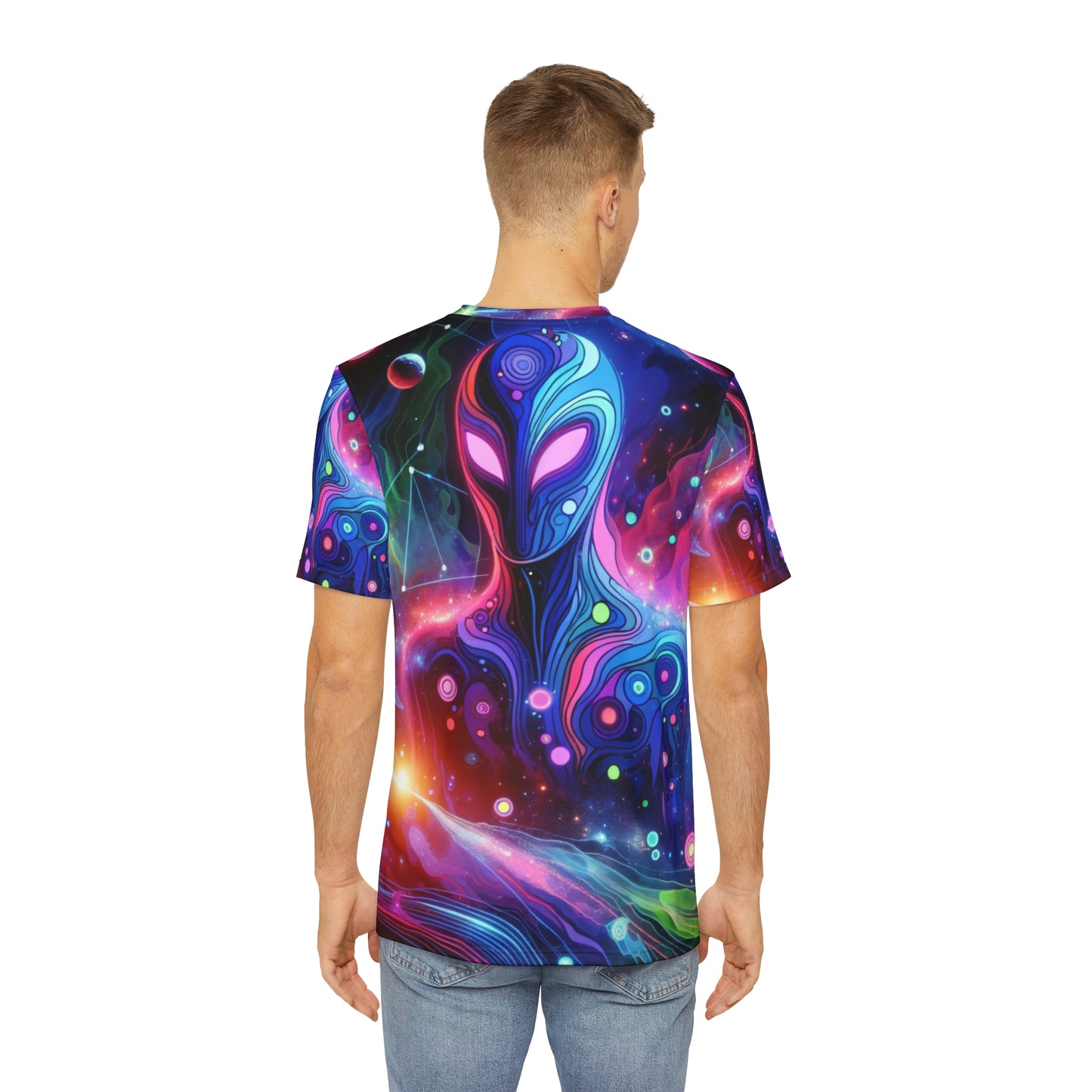 Back view of a man wearing a LuckeLadybug bold abstract graphic tee with vibrant alien-inspired design