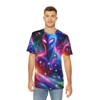LuckeLadybug bold abstract graphic tee featuring vibrant colorful cosmic design on a man