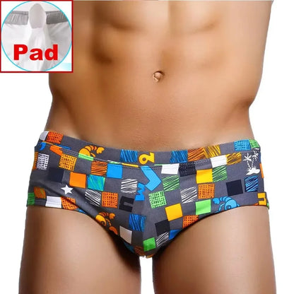 LuckeLadybug LLC Brazilian men's swimwear in colorful geometric pattern for comfort and style