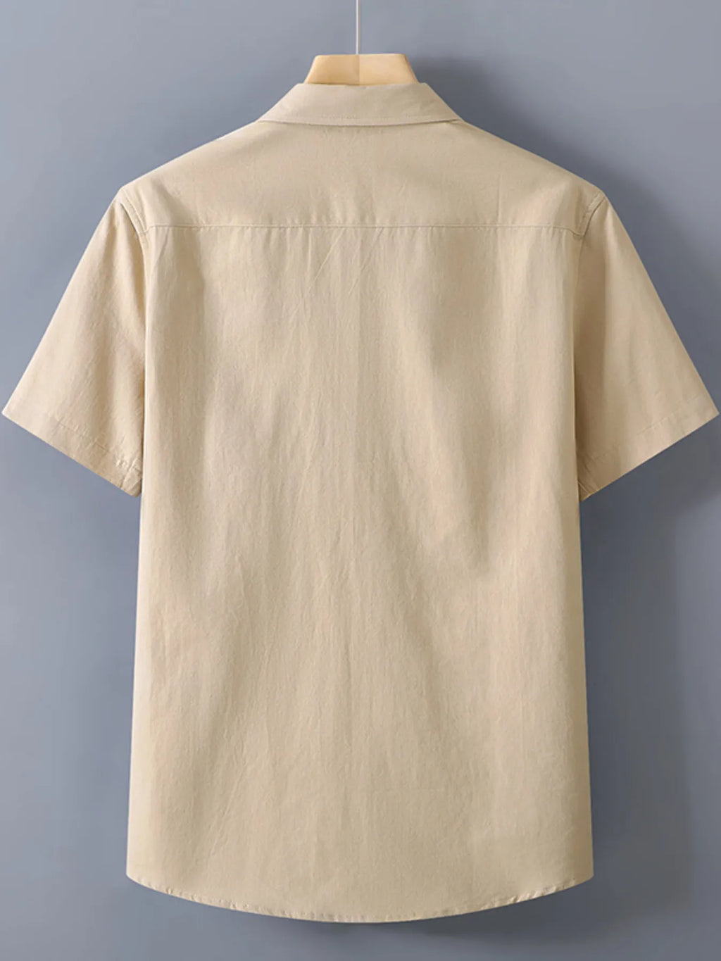 Back view of beige button up shirt for men with a classic collar and short sleeves