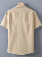Back view of beige button up shirt for men with a classic collar and short sleeves