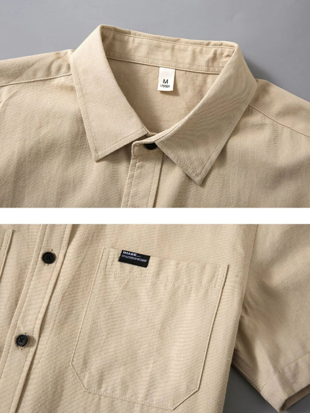 LuckeLadybug LLC Button Up Shirt for Men in Beige with Chest Pocket and Classic Collar