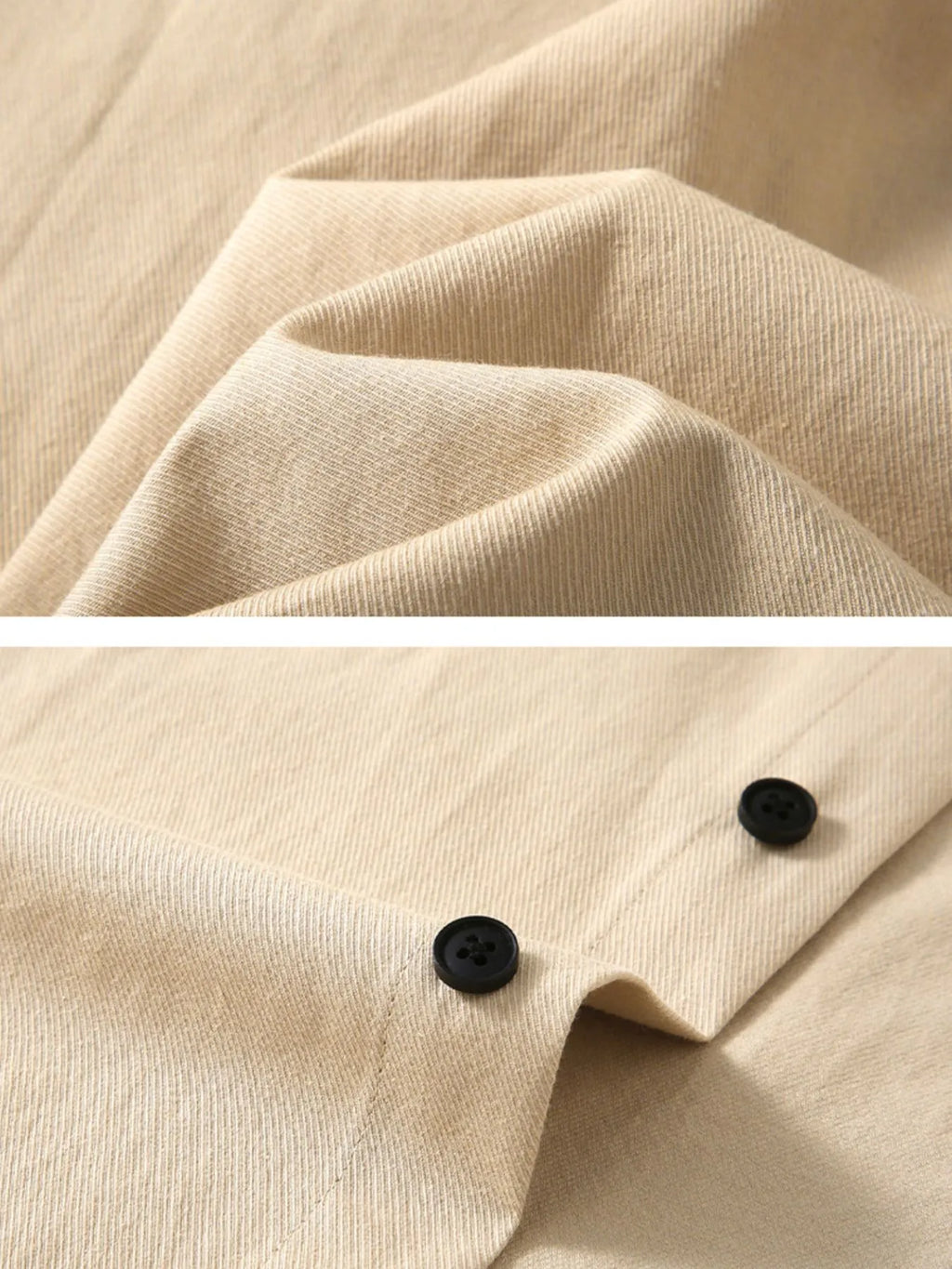 Close-up of a beige button up shirt for men with black buttons and textured fabric