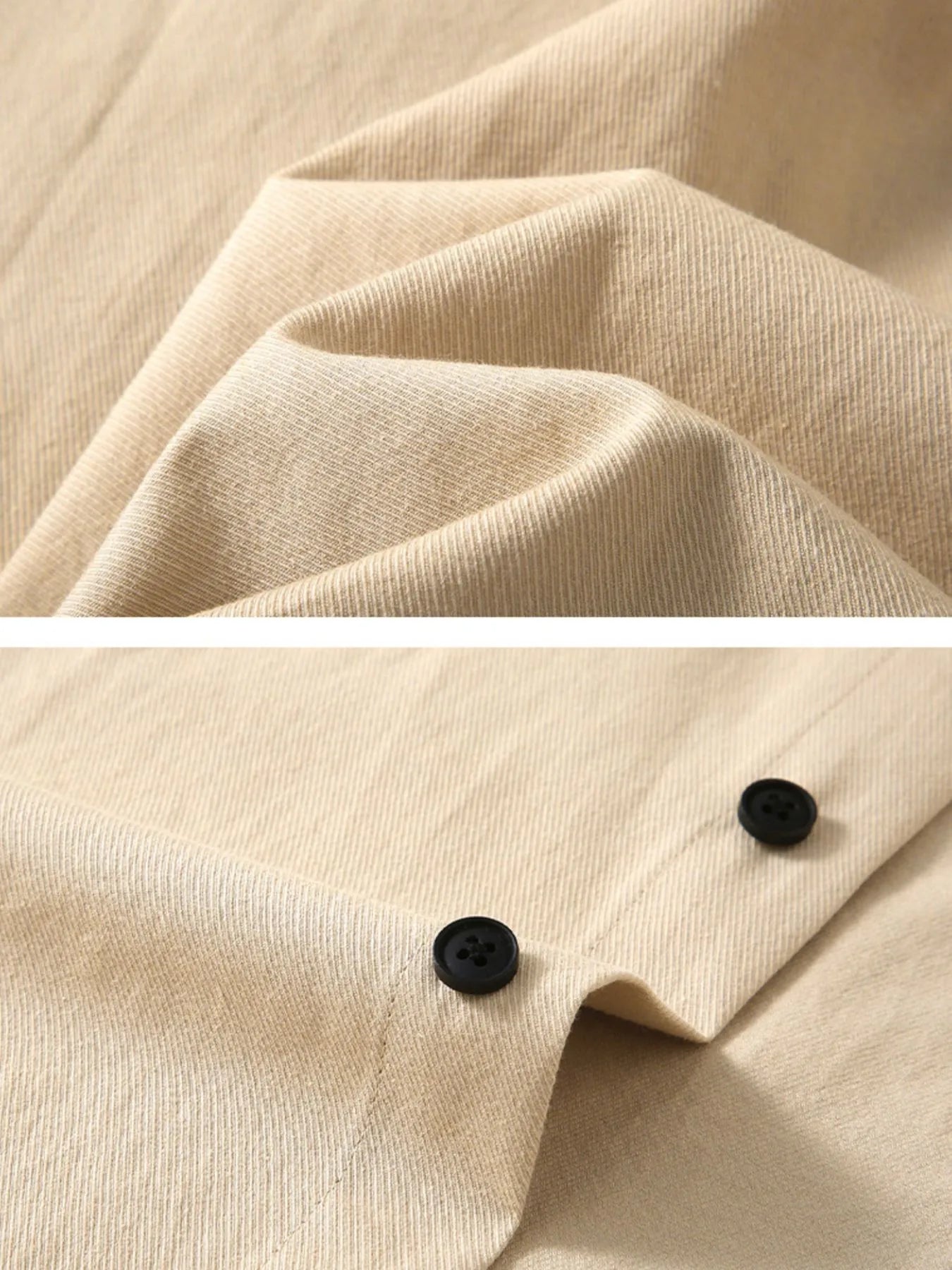 Close-up of a beige button up shirt for men with black buttons and textured fabric