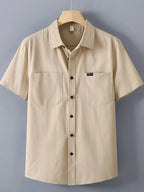 LuckeLadybug LLC Beige Short Sleeve Button Up Shirt for Men with Two Front Pockets