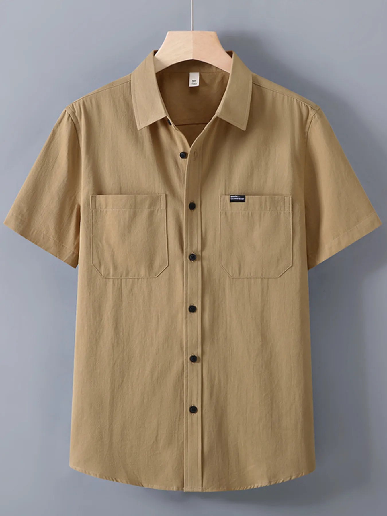 LuckeLadybug LLC Tan Button Up Shirt for Men with Two Chest Pockets and Short Sleeves