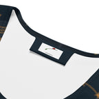 Close-up of LuckeLadybug celestial bodycon dress neckline and label detailing