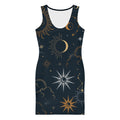 LuckeLadybug celestial bodycon dress with black background and gold and silver celestial print